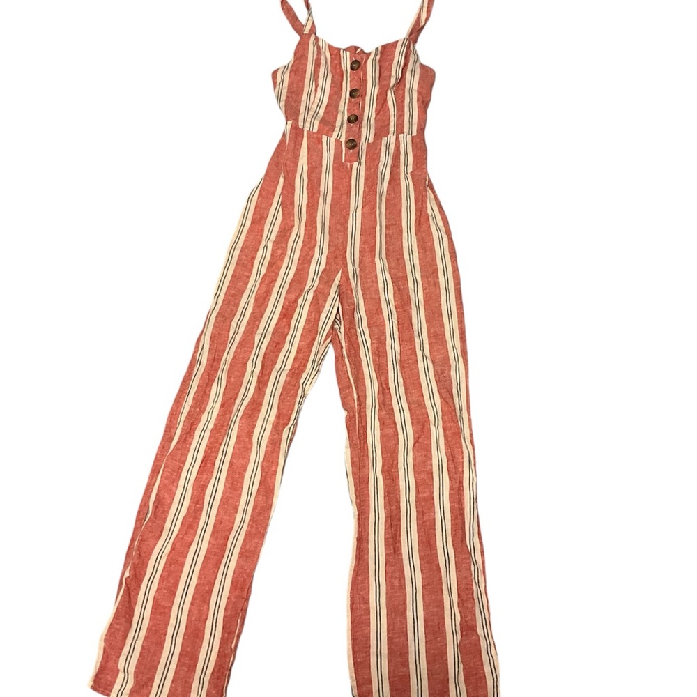 ROMEO & JULIET COUTURE Women's Jumpsuit Size Small Linen Rayon Striped Red